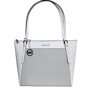 NWT Michael Kors Charlotte Large Logo Tote White/Grey Monogram